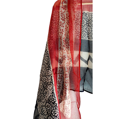 India Scarves Bagru Hand Block Floral kota Doria silk cotton Dupatta(Red And Black)