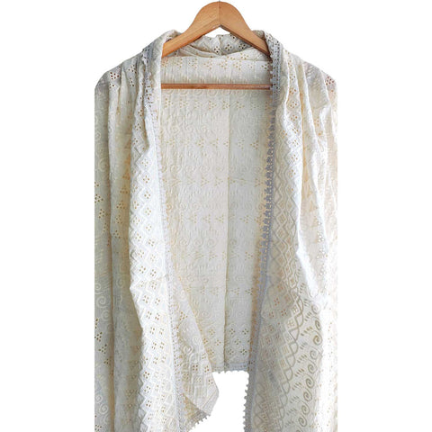 White Chikankari Cotton Dupatta with Geometric and Floral Motifs