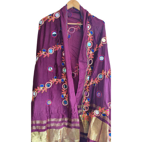 Handcrafted Purple Silk Dupatta with Gold Border, Floral Embroidered Mirror Work, Traditional Indian Scarf
