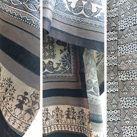 Bastar Tribal Art Kosa Silk Handloom Dupatta: Block Printed Fish Motifs, Deers, Trabal Culture