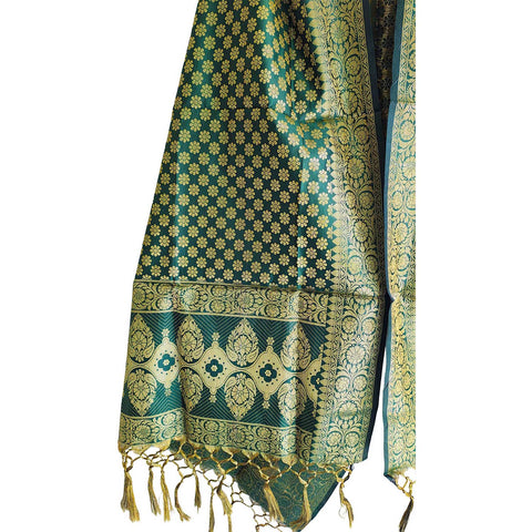India scarves Banarasi Brocade with Floral Grid, Ornamental Border, and Tassel Finish