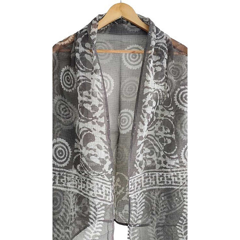 India Scarves Bagru Hand Block Floral Kota Doria Cotton Silk Floral Dupatta( Black )