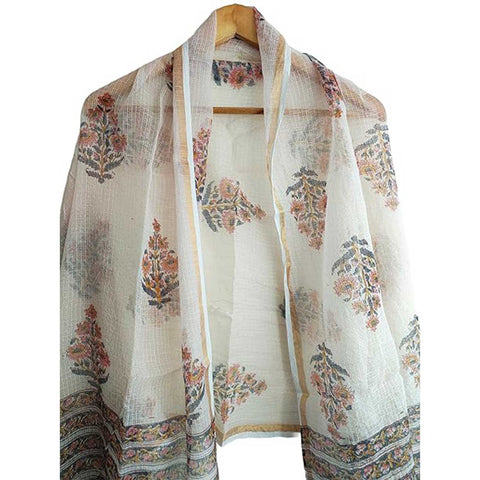 India Scarves Bagru Hand Block Floral Kota Doria Cotton Silk Floral Dupatta