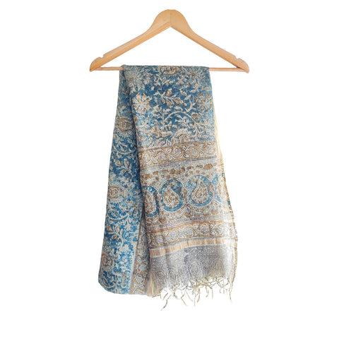 India Scarves Kota Doria Kalamkari Cotton Silk Light Blue Colour Floral Dupatta