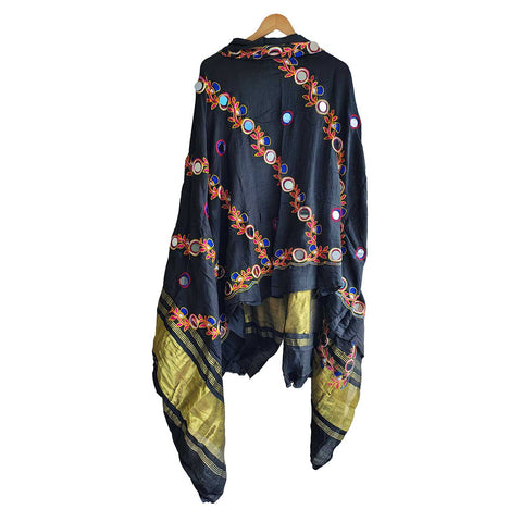 Handcrafted Purple Silk Dupatta with Gold Border, Floral Embroidered Mirror Work, Traditional Indian Scarf