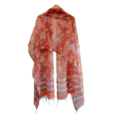 Kota Doria Cotton Silk Orange Floral Hand Block Printed Duptta