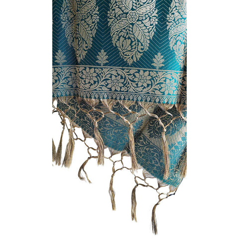 India scarves Banarasi Brocade with Floral Grid, Ornamental Border, and Tassel Finish