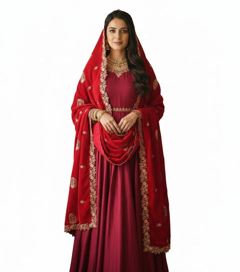 Velvet Dupatta for Women with Gold Zari Embroidery | Dupatta with Scalloped Border