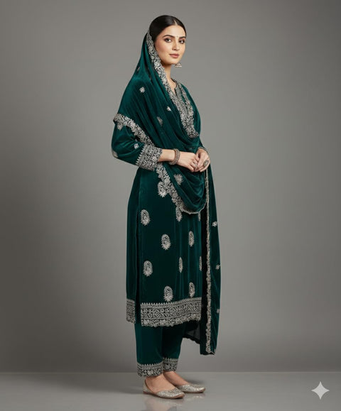 Velvet Dupatta for Women with Gold Zari Embroidery | Dupatta with Scalloped Border