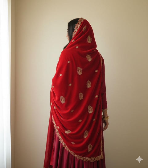 Velvet Dupatta for Women with Gold Zari Embroidery | Dupatta with Scalloped Border