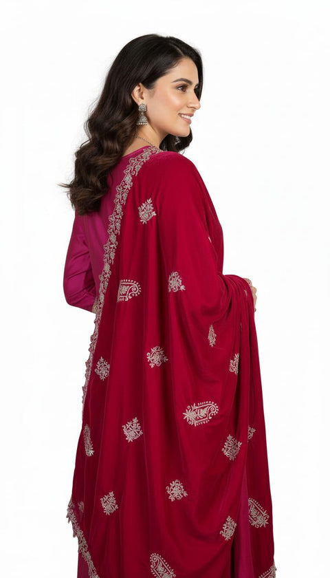 Velvet Dupatta for Women with Gold Zari Embroidery | Dupatta with Scalloped Border