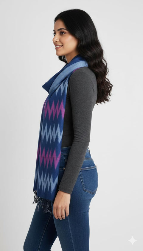 Cotton Ikkat Print Stole for Women, Blue and Indigo, Soft Lightweight Dupatta, 88 x 240 cm, Boho Traditional Indian Style