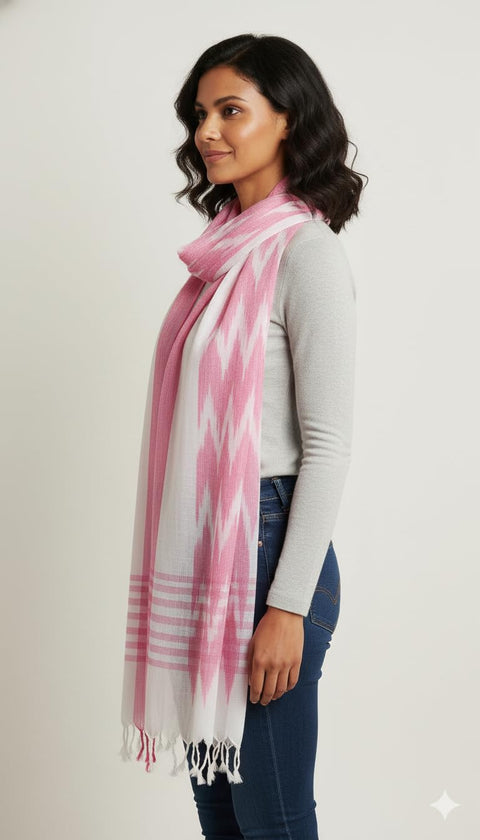 Cotton Ikkat Print Stole for Women, Blue and Indigo, Soft Lightweight Dupatta, 88 x 240 cm, Boho Traditional Indian Style