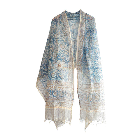 India Scarves Kota Doria Kalamkari Cotton Silk Light Blue Colour Floral Dupatta