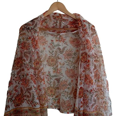 India Scarves Bagru Hand Block Floral kota Doria silk cotton Dupatta(white and orange)
