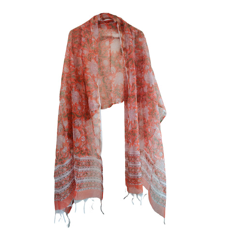Kota Doria Cotton Silk Orange Floral Hand Block Printed Duptta