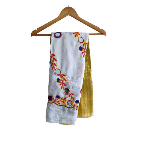 Handcrafted Purple Silk Dupatta with Gold Border, Floral Embroidered Mirror Work, Traditional Indian Scarf