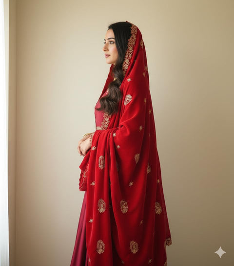 Velvet Dupatta for Women with Gold Zari Embroidery | Dupatta with Scalloped Border