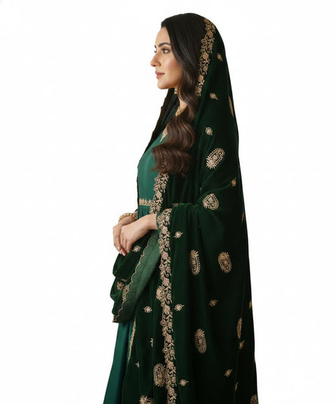 Velvet Dupatta for Women with Gold Zari Embroidery | Dupatta with Scalloped Border