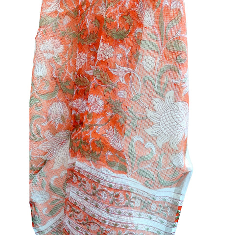 Kota Doria Cotton Silk Orange Floral Hand Block Printed Duptta