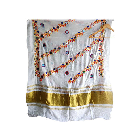 Handcrafted Purple Silk Dupatta with Gold Border, Floral Embroidered Mirror Work, Traditional Indian Scarf