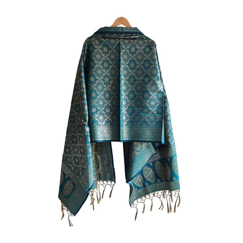 India scarves Banarasi Brocade with Floral Grid, Ornamental Border, and Tassel Finish