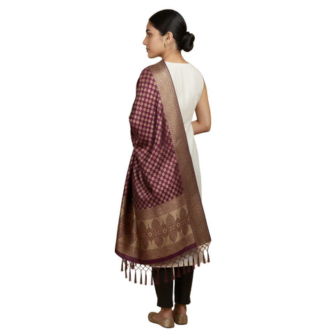 India scarves Banarasi Brocade with Floral Grid, Ornamental Border, and Tassel Finish