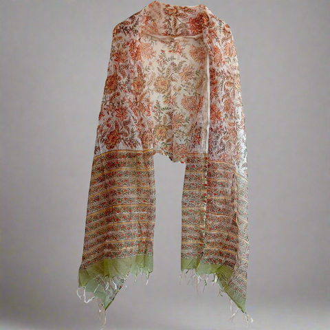 India Scarves Bagru Hand Block Floral kota Doria silk cotton Dupatta(white and orange)