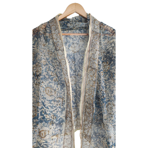 India Scarves Kota Doria Kalamkari Cotton Silk Light Blue Colour Floral Dupatta