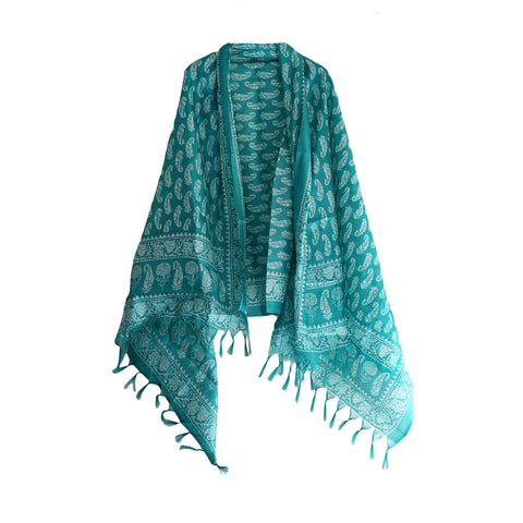 Khadi Cotton Floral Print Design Dupatta (Teal Blue)