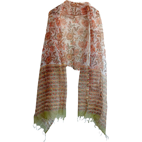 India Scarves Bagru Hand Block Floral kota Doria silk cotton Dupatta(white and orange)