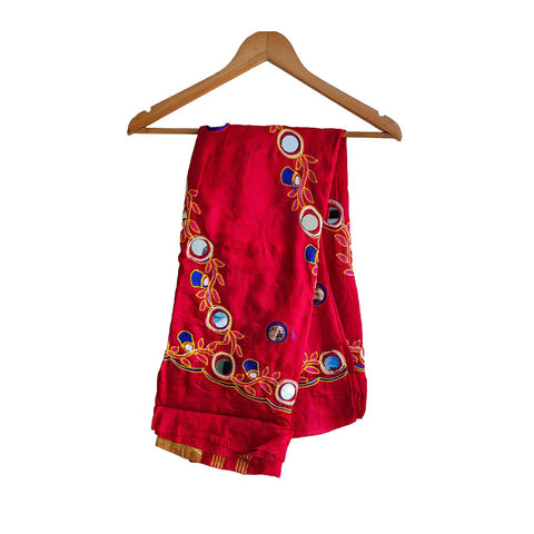 Handcrafted Purple Silk Dupatta with Gold Border, Floral Embroidered Mirror Work, Traditional Indian Scarf