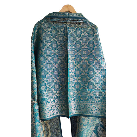 India scarves Banarasi Brocade with Floral Grid, Ornamental Border, and Tassel Finish