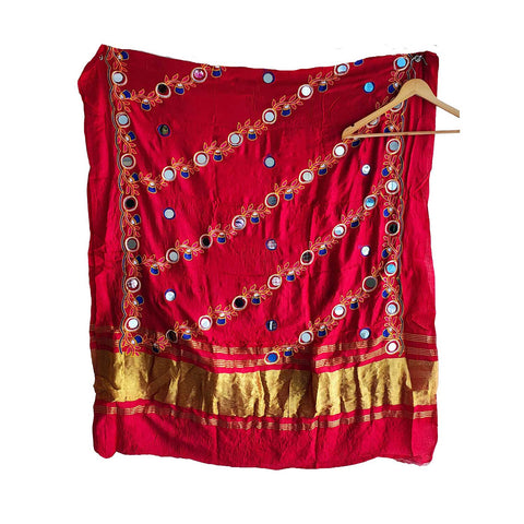 Handcrafted Purple Silk Dupatta with Gold Border, Floral Embroidered Mirror Work, Traditional Indian Scarf