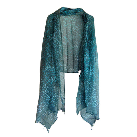 India Scarves Bagru Hand Block Floral kota Doria silk cotton Dupatta (Green)