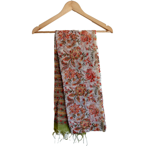 India Scarves Bagru Hand Block Floral kota Doria silk cotton Dupatta(white and orange)