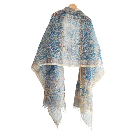 India Scarves Kota Doria Kalamkari Cotton Silk Light Blue Colour Floral Dupatta
