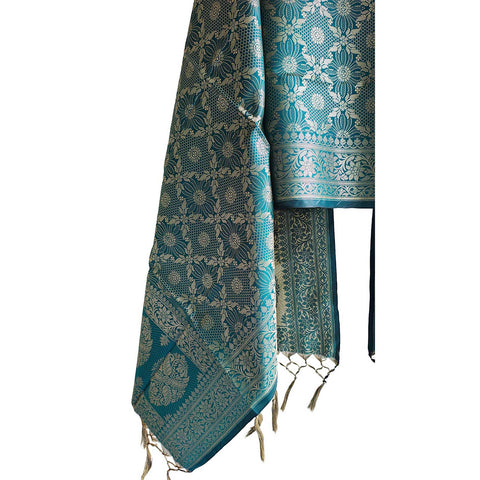 India scarves Banarasi Brocade with Floral Grid, Ornamental Border, and Tassel Finish