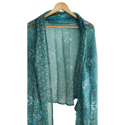 India Scarves Bagru Hand Block Floral kota Doria silk cotton Dupatta (Green)