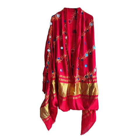Handcrafted Purple Silk Dupatta with Gold Border, Floral Embroidered Mirror Work, Traditional Indian Scarf