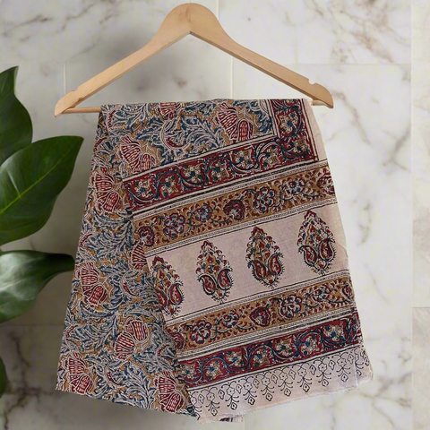 Hand Block Printed Original Pedana Kalamkari Dupatta with Motif Designs