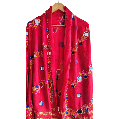 Handcrafted Purple Silk Dupatta with Gold Border, Floral Embroidered Mirror Work, Traditional Indian Scarf