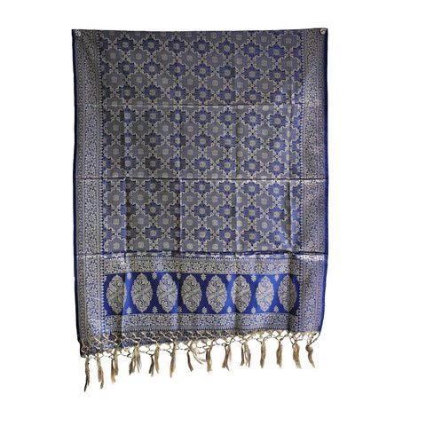India scarves Banarasi Brocade with Floral Grid, Ornamental Border, and Tassel Finish