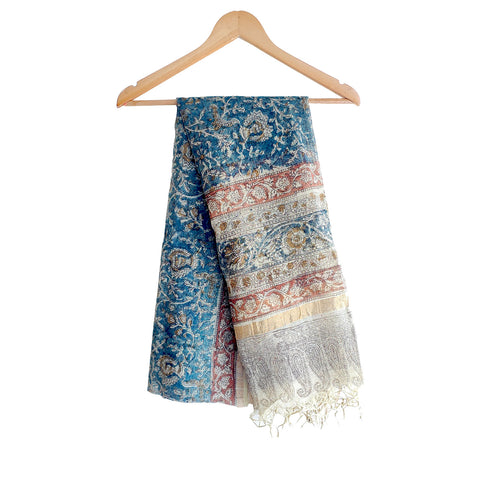 India Scarves Kota Doria Kalamkari Cotton Silk Dark Blue Colour Floral Dupatta