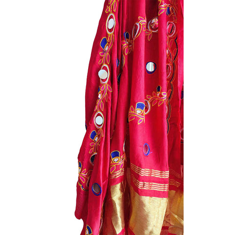 Handcrafted Purple Silk Dupatta with Gold Border, Floral Embroidered Mirror Work, Traditional Indian Scarf