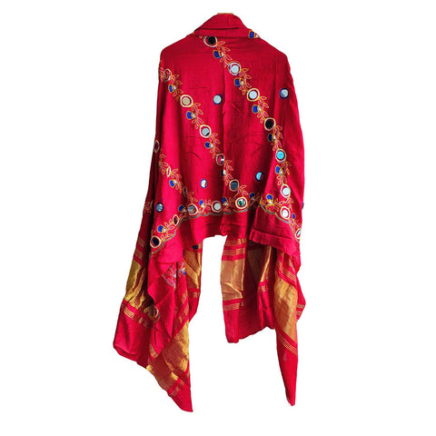 Handcrafted Purple Silk Dupatta with Gold Border, Floral Embroidered Mirror Work, Traditional Indian Scarf