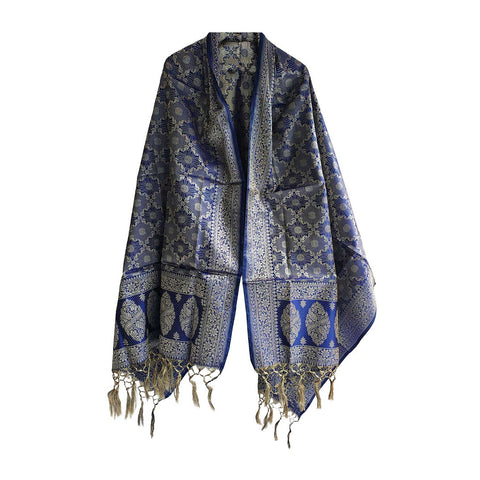 India scarves Banarasi Brocade with Floral Grid, Ornamental Border, and Tassel Finish