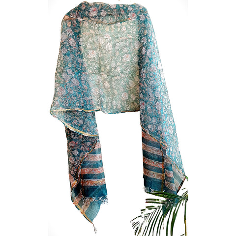 India Scarves Kota Doria Cotton Silk Teal Blue Floral Dupatta