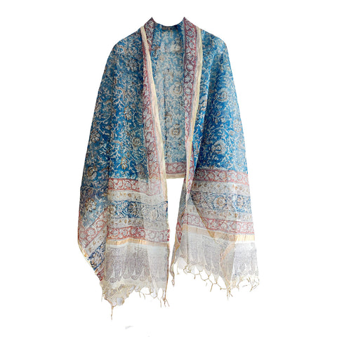 India Scarves Kota Doria Kalamkari Cotton Silk Dark Blue Colour Floral Dupatta
