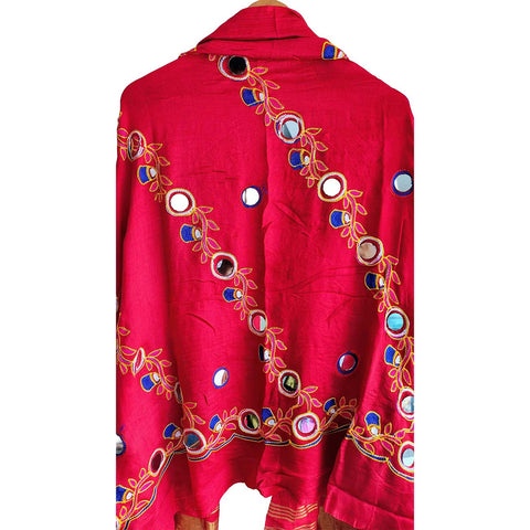 Handcrafted Purple Silk Dupatta with Gold Border, Floral Embroidered Mirror Work, Traditional Indian Scarf